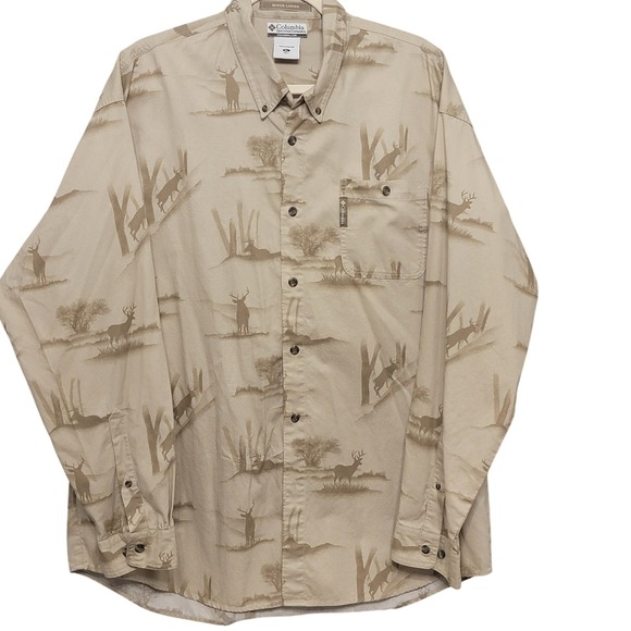 Columbia Other - Columbia Button Down Shirt Men XL Tan Deer Elk Nature Print Long Sleeve Cabin